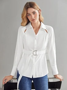 MOTF PREMIUM VISCOSE PUFF SLEEVE BELTED SHIRT - White - View 4