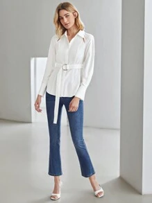 MOTF PREMIUM VISCOSE PUFF SLEEVE BELTED SHIRT - White - View 5