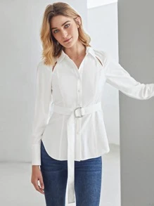 MOTF PREMIUM VISCOSE PUFF SLEEVE BELTED SHIRT - White - View 8