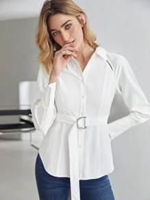 MOTF PREMIUM VISCOSE PUFF SLEEVE BELTED SHIRT - White - View 9