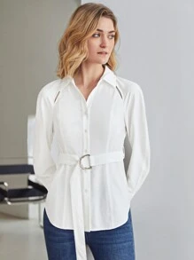 MOTF PREMIUM VISCOSE PUFF SLEEVE BELTED SHIRT - White - View 11