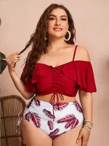 SHEIN Swim Curve Summer Beach Plus Size Leaf Print Bikini Set Cold Shoulder Ruffle Hem Top & High Waisted Bottom 2 Pieces Bikini - Red and White - View 1