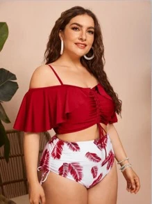 SHEIN Swim Curve Summer Beach Plus Size Leaf Print Bikini Set Cold Shoulder Ruffle Hem Top & High Waisted Bottom 2 Pieces Bikini - Red and White - View 3