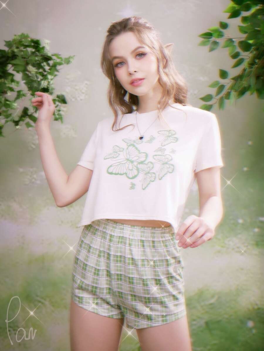 ROMWE Fairycore Butterfly Print Plaid PJ Set - Multicolor - View 1