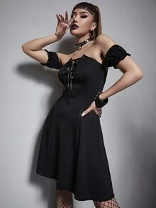 Vestido de hombros descubiertos con cordón delantero - Negro - Ver 4