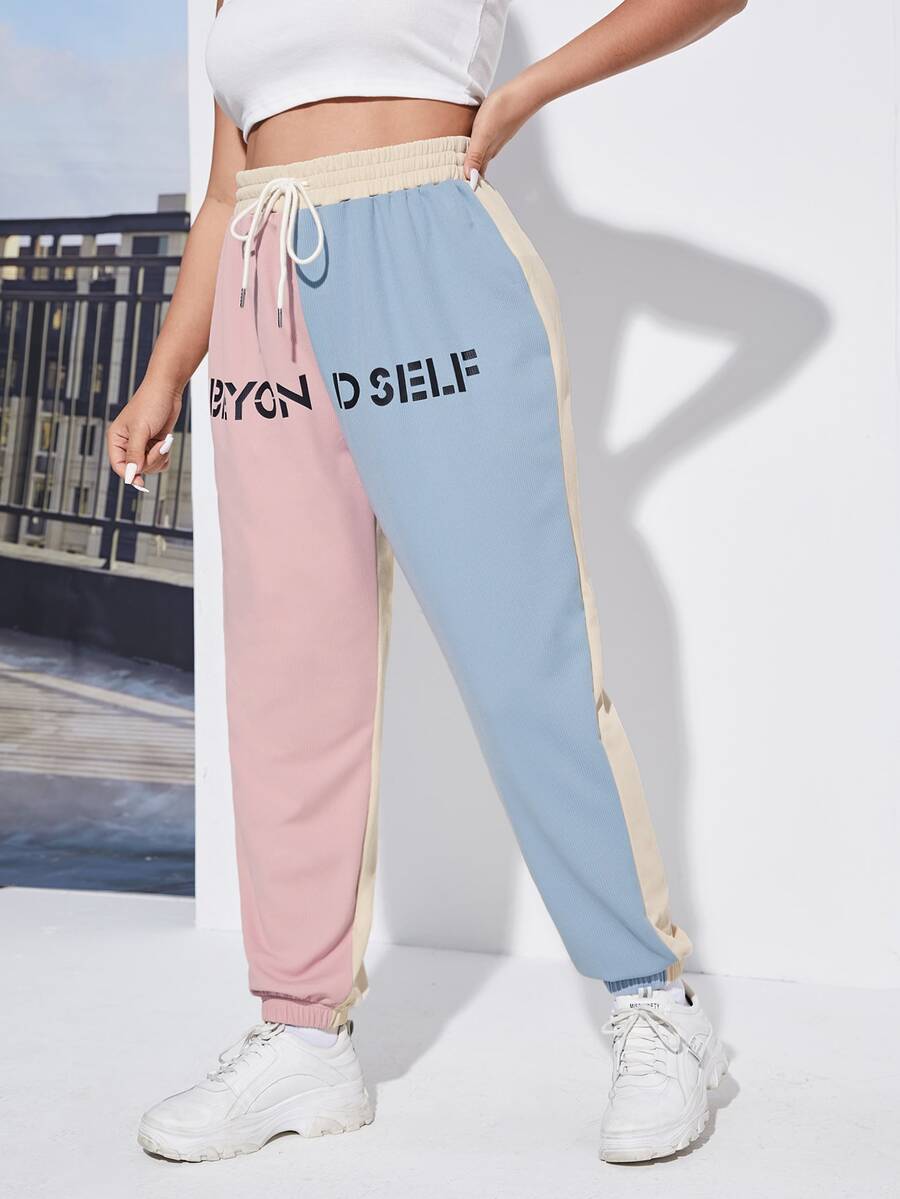 SHEIN Plus Size Quần thể thao Dây kéo Khối Màu Lá thư - Nhiều màu - Xem 1