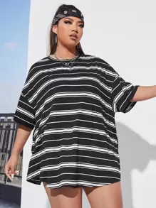 SHEIN EZwear Áo thun Plus size Sọc Giải trí - màu đen - Xem 1