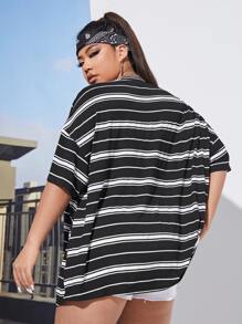 SHEIN EZwear Áo thun Plus size Sọc Giải trí - màu đen - Xem 2