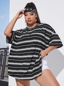 SHEIN EZwear Áo thun Plus size Sọc Giải trí - màu đen - Xem 3