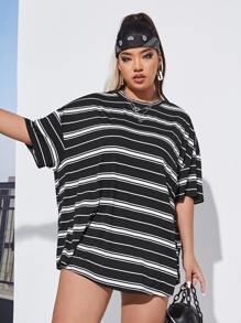 SHEIN EZwear Áo thun Plus size Sọc Giải trí - màu đen - Xem 4