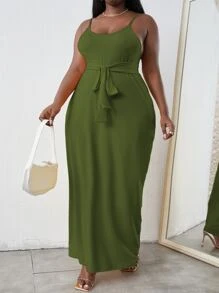 Maweii Vestido largo de mujer tipo camiseta con cinturón en talla grande - Verde militar - Ver 1