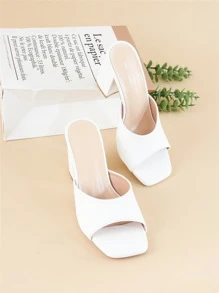 Women Minimalist Chunky Heeled Mule Sandals, Elegant Summer Heeled Sandals - White - View 1