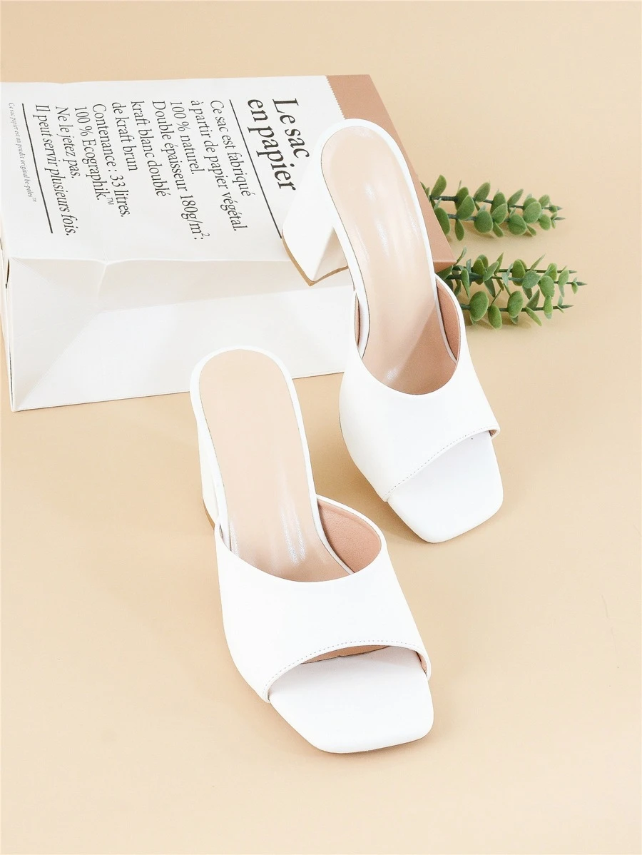 Women Minimalist Chunky Heeled Mule Sandals, Elegant Summer Heeled Sandals - White - View 1