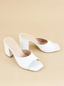 Women Minimalist Chunky Heeled Mule Sandals, Elegant Summer Heeled Sandals - White - View 2