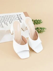 Women Minimalist Chunky Heeled Mule Sandals, Elegant Summer Heeled Sandals - White - View 3