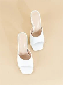 Women Minimalist Chunky Heeled Mule Sandals, Elegant Summer Heeled Sandals - White - View 6