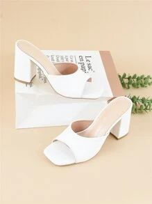 Women Minimalist Chunky Heeled Mule Sandals, Elegant Summer Heeled Sandals - White - View 7