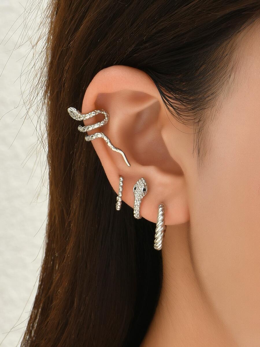 3 cái Bông tai Trang trí Rắn & 1 cái Còng Tai - Bạc - Xem 1