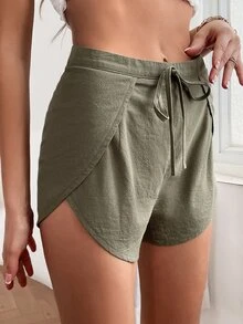 SHEIN Unity Tie Front Tulip Hem Shorts - Army Green - View 5