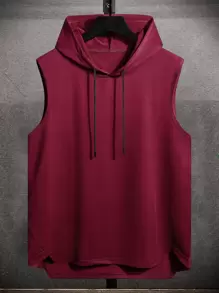 Manfinity Homme 男士抽繩連帽高低下擺背心上衣 - 酒紅色 - 查看 1