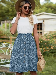 SHEIN LUNE Đầm viền lá sen Xù Nút giả Khối Màu Boho - Xanh và trắng - Xem 6