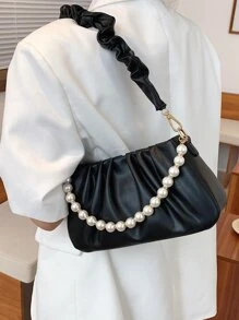 Bolso con decoración de perlas falsas fruncido, bolso de perlas falsas - Negro - Ver 2