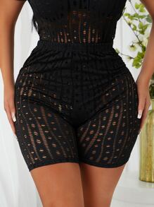 Sheer Eyelet Lounge Shorts Without Panty - Black - View 1