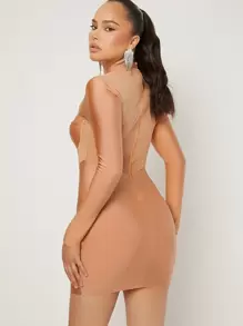 Mock Neck Cutout Front Sheer Mesh Insert Dress