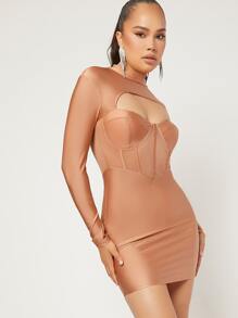 Mock Neck Cutout Front Sheer Mesh Insert Dress