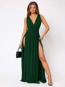 SHEIN SXY Solid Split Thigh Wrap Front Dress - Dark Green - View 3