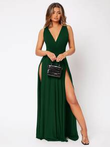 SHEIN SXY Solid Split Thigh Wrap Front Dress - Dark Green - View 4