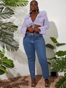 Slaydiva áo nữ kích thước lớn Xù phân lớp Thắt nơ trước màu trơn Boho - Màu Lilac Tím - Xem 4