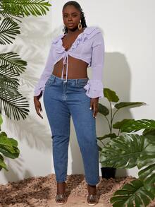 Slaydiva áo nữ kích thước lớn Xù phân lớp Thắt nơ trước màu trơn Boho - Màu Lilac Tím - Xem 5