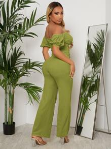 SHEIN SXY Jumpsuit de hombros descubiertos pecho con fruncido con cinturón - Verde Lima - Ver 2