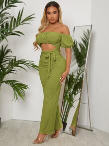 SHEIN SXY Jumpsuit de hombros descubiertos pecho con fruncido con cinturón - Verde Lima - Ver 5