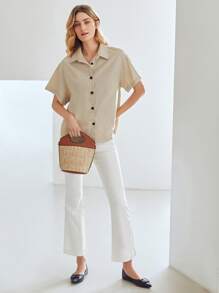 MOTF PREMIUM Camisa lino de hombros caídos - Caqui - Ver 9