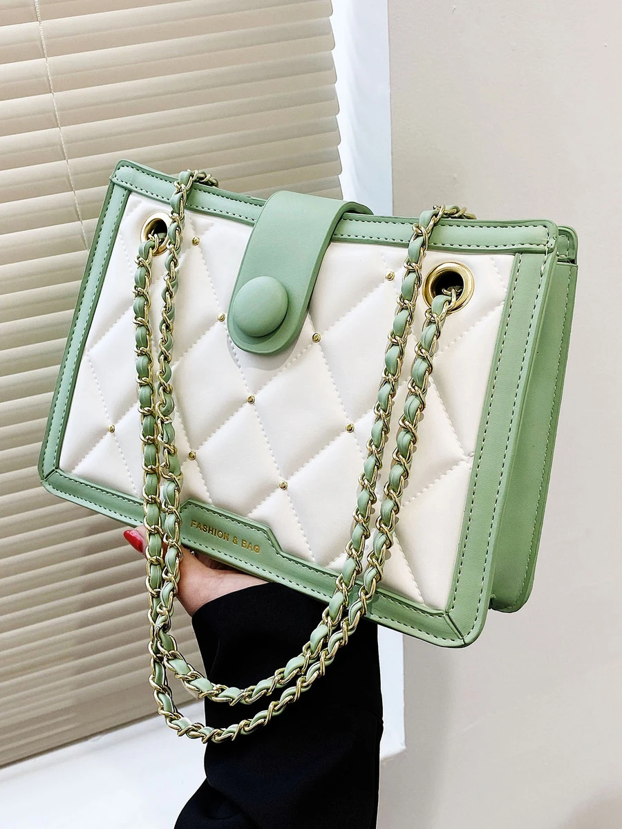 Quilted Pattern Button Decor Colourblock Square Bag - Green - View 1