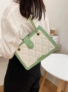 Quilted Pattern Button Decor Colourblock Square Bag - Green - View 2