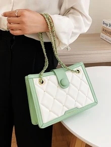 Quilted Pattern Button Decor Colourblock Square Bag - Green - View 3