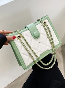Quilted Pattern Button Decor Colourblock Square Bag - Green - View 4