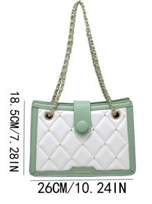 Quilted Pattern Button Decor Colourblock Square Bag - Green - View 5