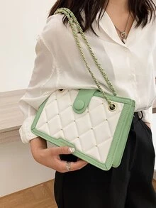 Quilted Pattern Button Decor Colourblock Square Bag - Green - View 6