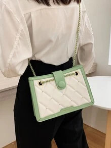 Quilted Pattern Button Decor Colourblock Square Bag - Green - View 7