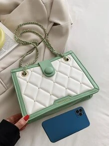 Quilted Pattern Button Decor Colourblock Square Bag - Green - View 8