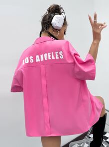 SHEIN ICON 字母圖案落肩袖襯衫 - 玫紅色 - 查看 1