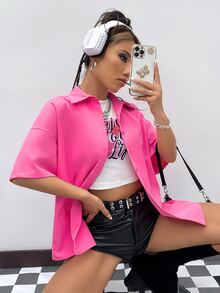 SHEIN ICON 字母圖案落肩袖襯衫 - 玫紅色 - 查看 3