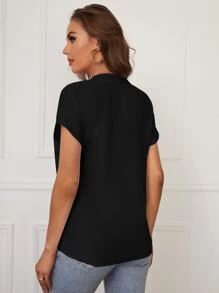 SHEIN Tall Notched Neck Batwing Sleeve Chiffon Blouse - Black - View 2