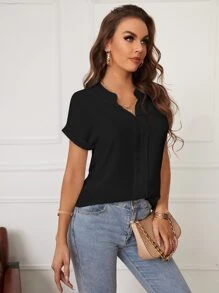 SHEIN Tall Notched Neck Batwing Sleeve Chiffon Blouse - Black - View 3