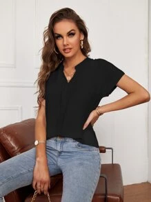 SHEIN Tall Notched Neck Batwing Sleeve Chiffon Blouse - Black - View 5