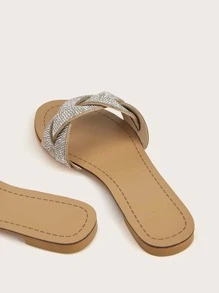 水鑽裝飾涼拖,銀時尚水鑽素色女士平底涼鞋 - 銀色 - 查看 5